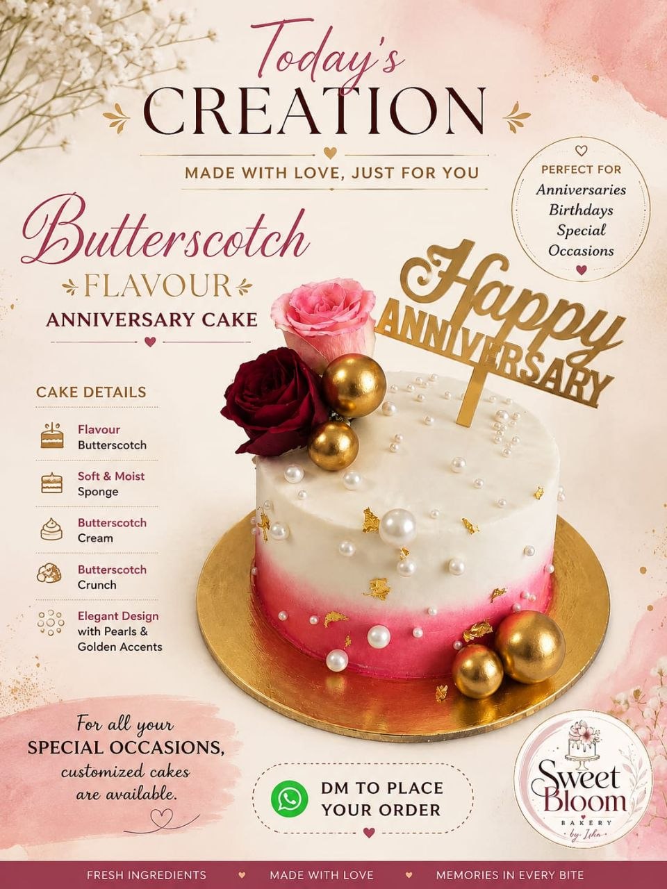 Butterscotch flavour anniversary cake with pearls, gold spheres and roses — Sweet Bloom Bakery, Asansol
