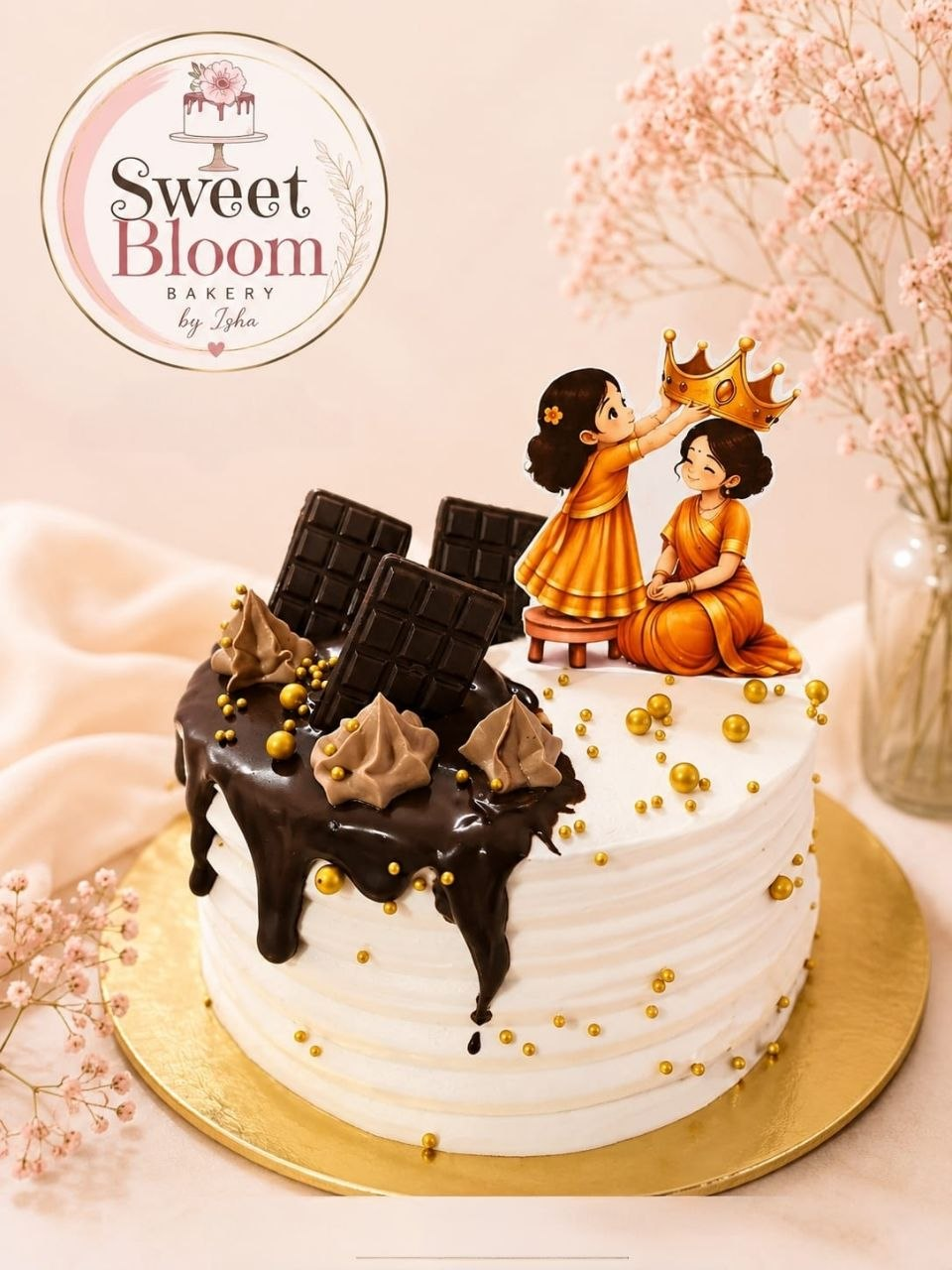 White and chocolate drip cake with mother-daughter crown topper and gold pearls — Sweet Bloom Bakery, Asansol