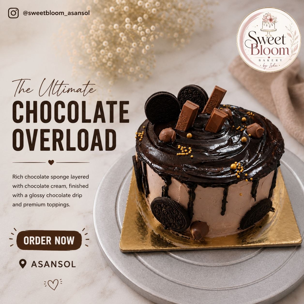Chocolate overload cake with glossy drip, KitKat, Oreo and gold pearls — Sweet Bloom Bakery, Asansol